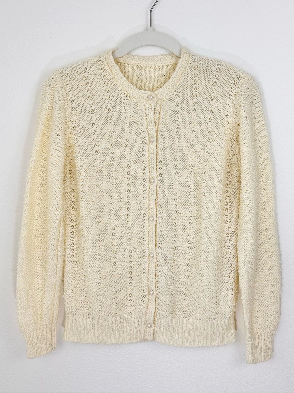 Cream Textured Knit Cardigan Button-Front Small / Medium Classic Charm
